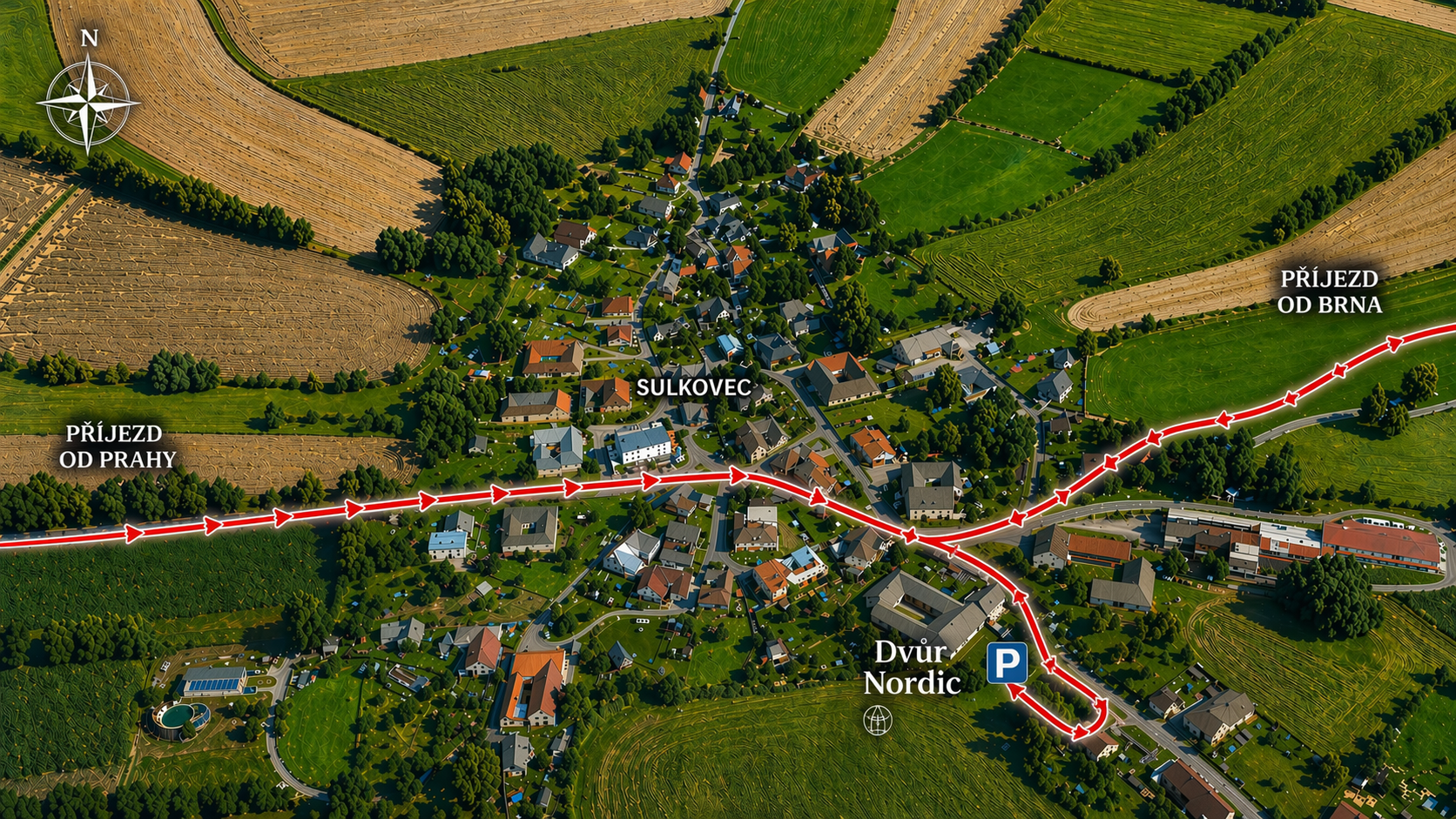Mapa příjezdu na Dvůr Nordic od Prahy a od Brna